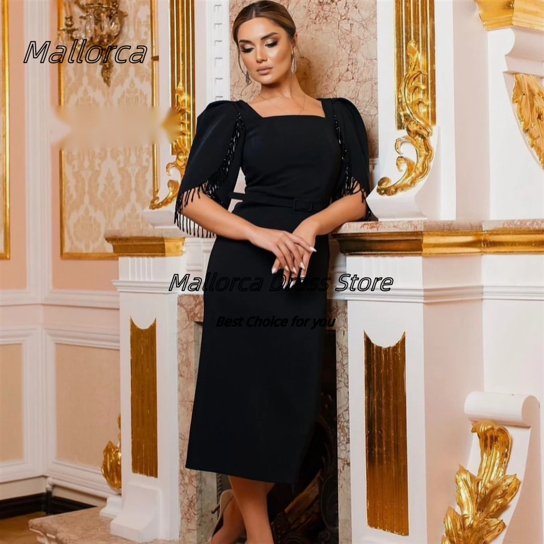 

Mallorca Tea Length Prom Dresses Beading Tassels Short Seeves Cocktail Party Women Wear Square Neck Vestidos Evening Gowns