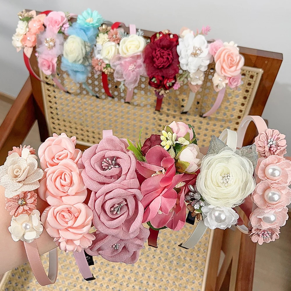 1pcs Bride Wedding Hairband Artificial Flower Crown Headband Hair Accessories Women Girls Sweet Floral Hair Hoop Party Headwear janevini pink and blue wedding flowers bridal bouquet de fleur artificial rose arrificielle bride bouquets outside accessories