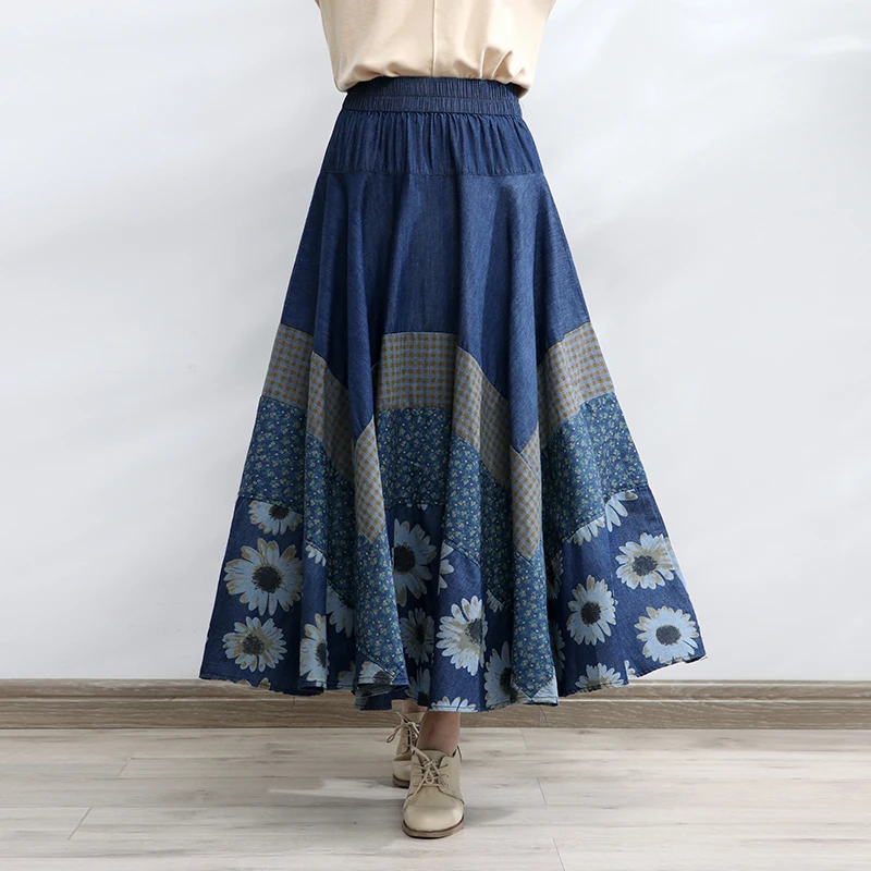 tiyihailey-free-shipping-2022-new-long-maxi-a-line-skirt-women-elastic-waist-spring-autumn-denim-jeans-vintage-big-hem-print