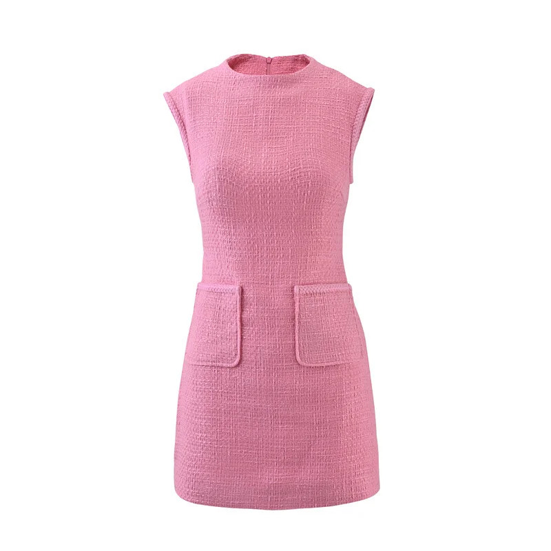 Pink Tweed Sleeveless Dress Female Summer Leisure Simple Round Collar