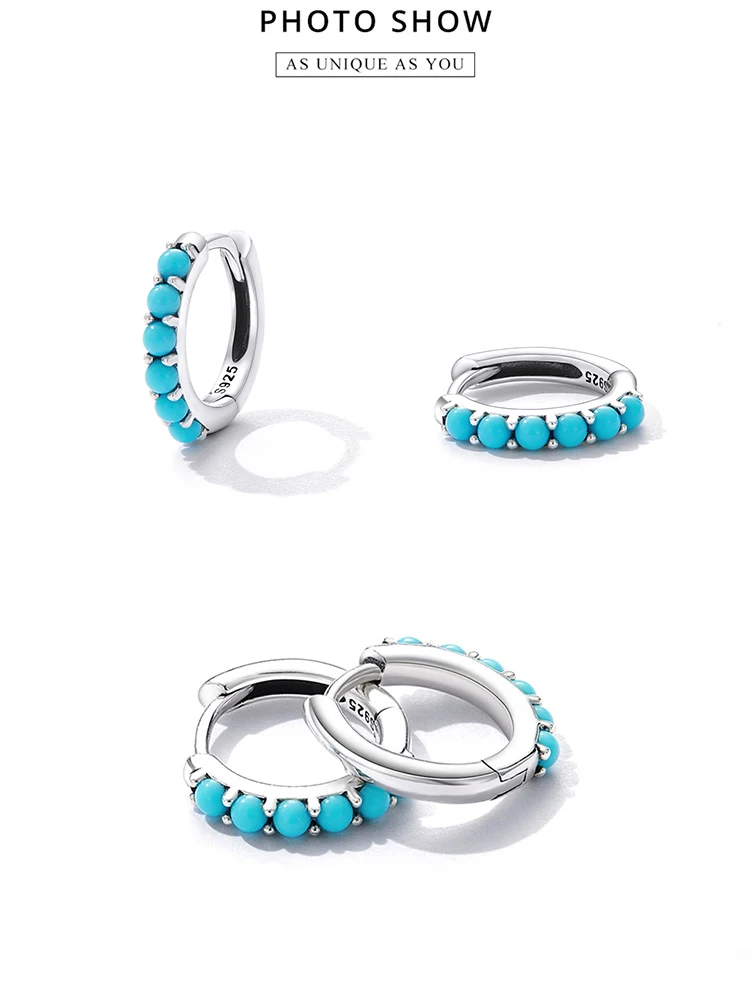 Bamoer 100% 925 Sterling Silver Simple Blue Turquoise Ear Buckles Earrings for Women Fashion Fine Customize Jewelry Wholesale