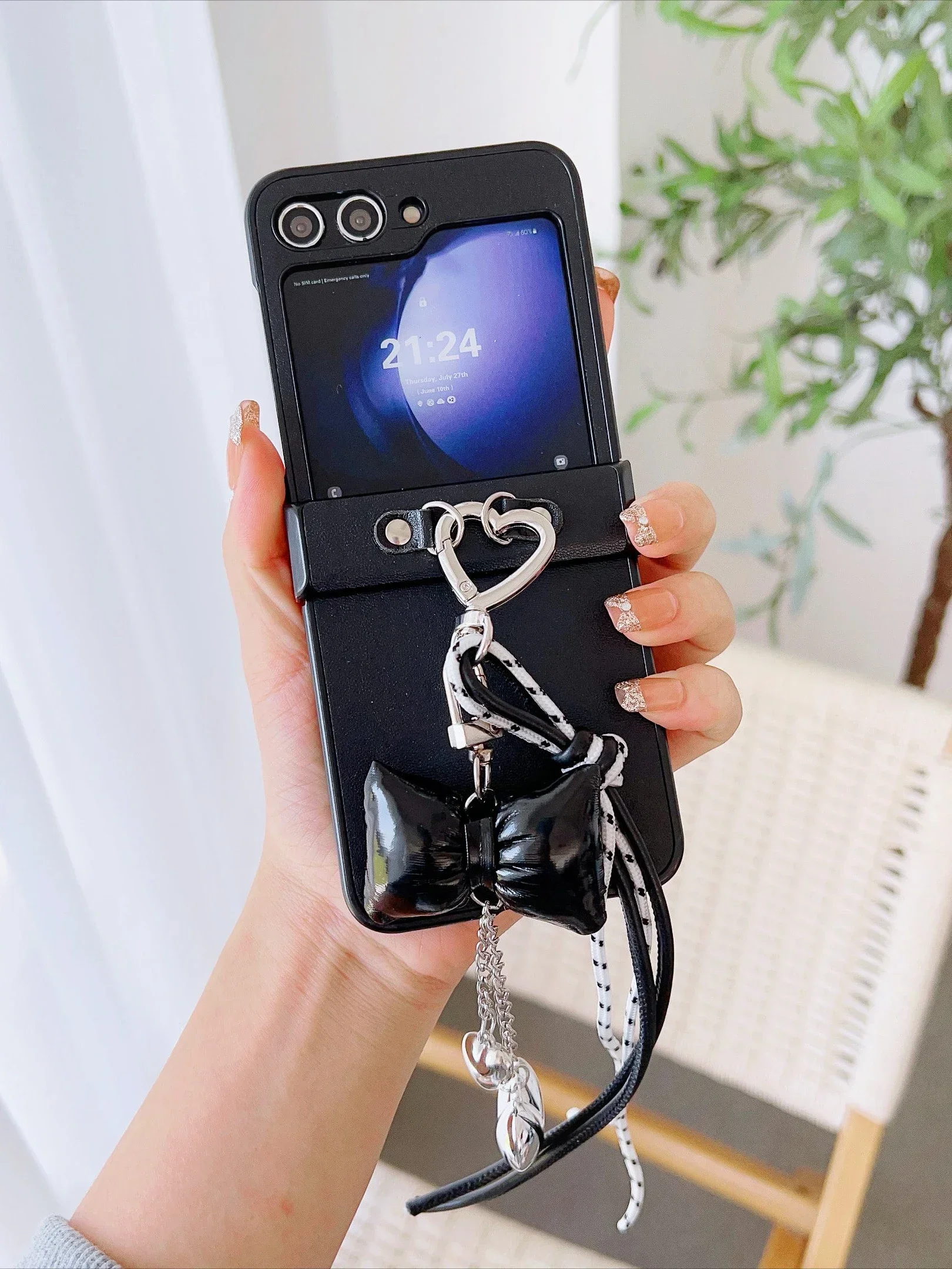 Heart Wrist Strap PU Leather Bowknot Phone Case with Hinge Protection and Shockproof Cover