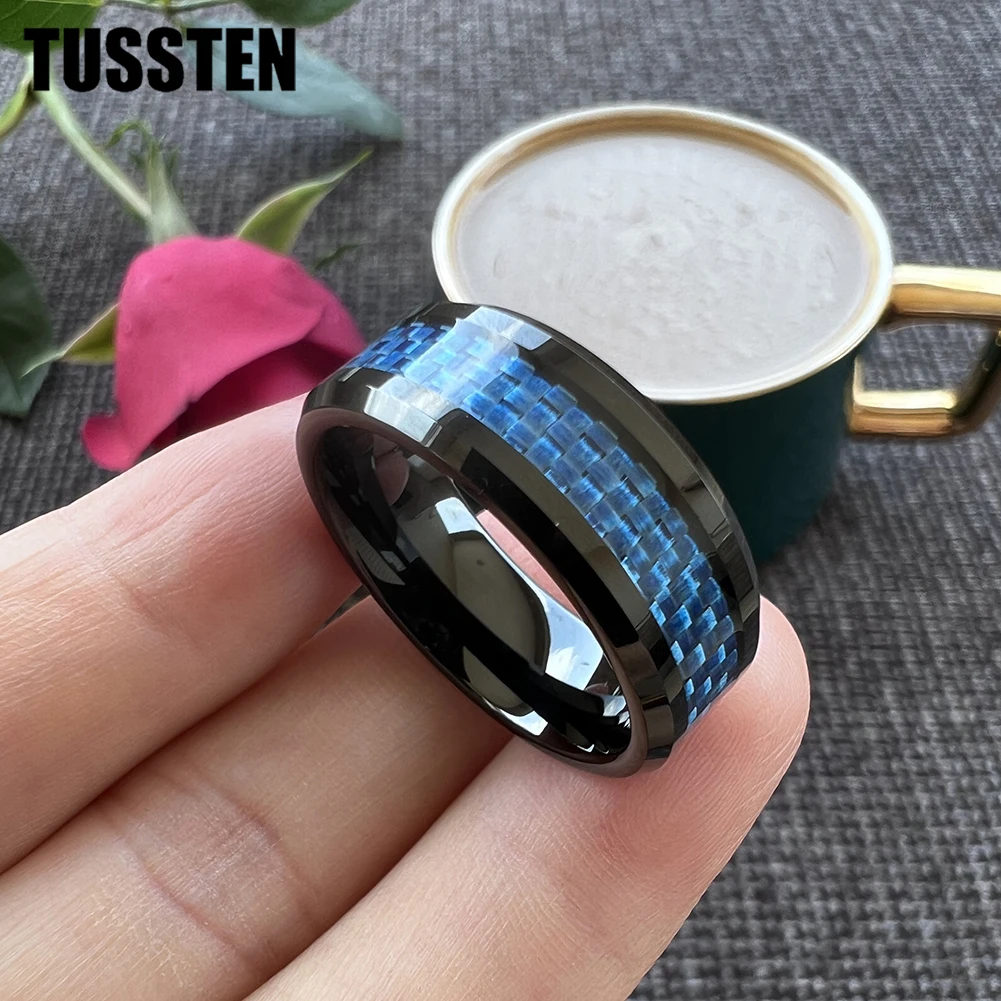 TUSSTEN 6/8MM Classic Tungsten Wedding Band Ring For Men Women With Blue Carbon Fiber Inlay Bevel Polish Comfort Fit