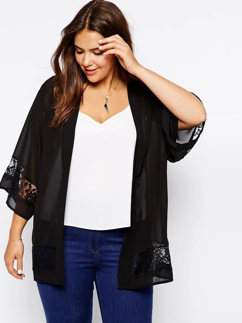 Plus Size Lace Patchwork Elegant Summer Chiffon Kimono Women 3/4 Sleeve  loose Black Cardigans Large Size Casual Beach Kimono 6XL| | - AliExpress