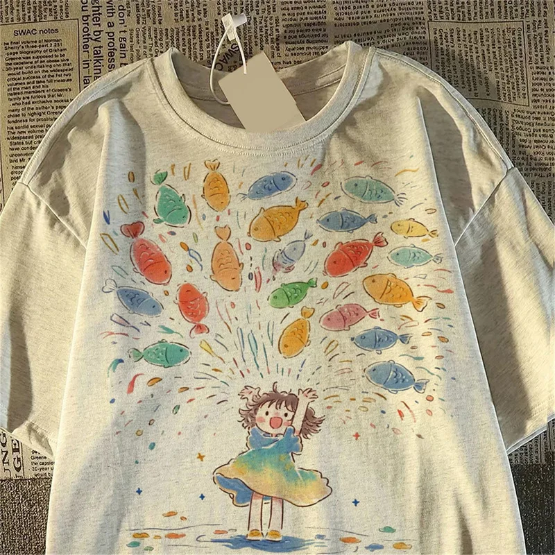 Fish Cute Girls Print Cotton Women T shirts Summer Oversize Japan Short Sleeve Breathable Casual Women's T-shirt Tops Tee Y2k 3