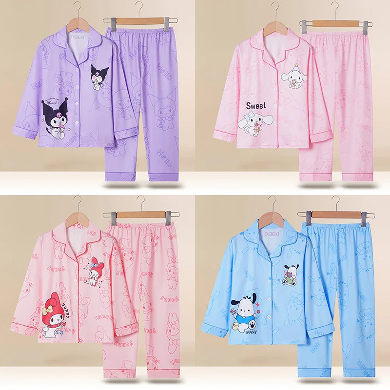

Spring Miniso Cute Children's Pajamas Sets Kawaii Anime Kuromi Cinnamoroll Pochacco Girl Boy Sleepwear Milk Silk Kids Loungewear
