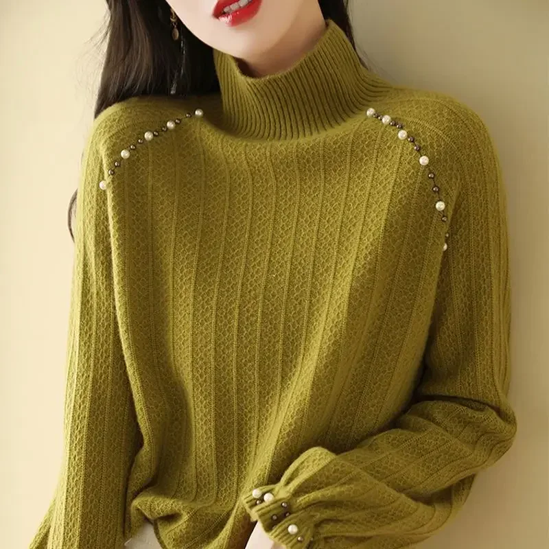 

Fashion Stand Collar Solid Color Beading Sweaters Women Clothing 2024 Winter Loose Commuter Pullovers Knitted Korean Tops LJ274