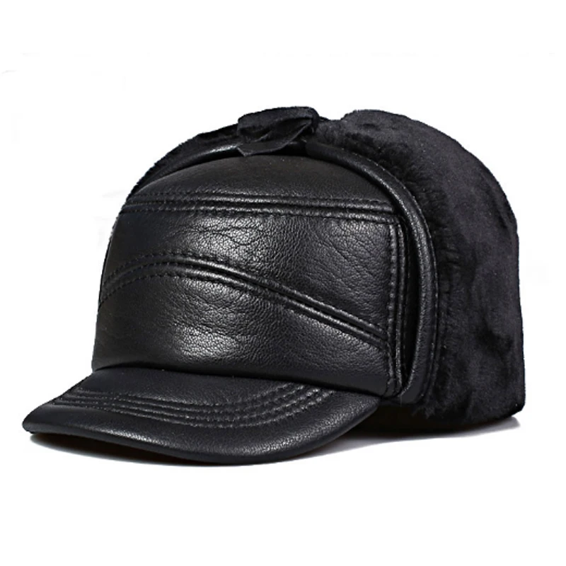 

New Men's Leather Hat Thicken Leather Sheepskin Baseball Caps With Ears Warm Snapback Dad's Hats Lei Feng hat
