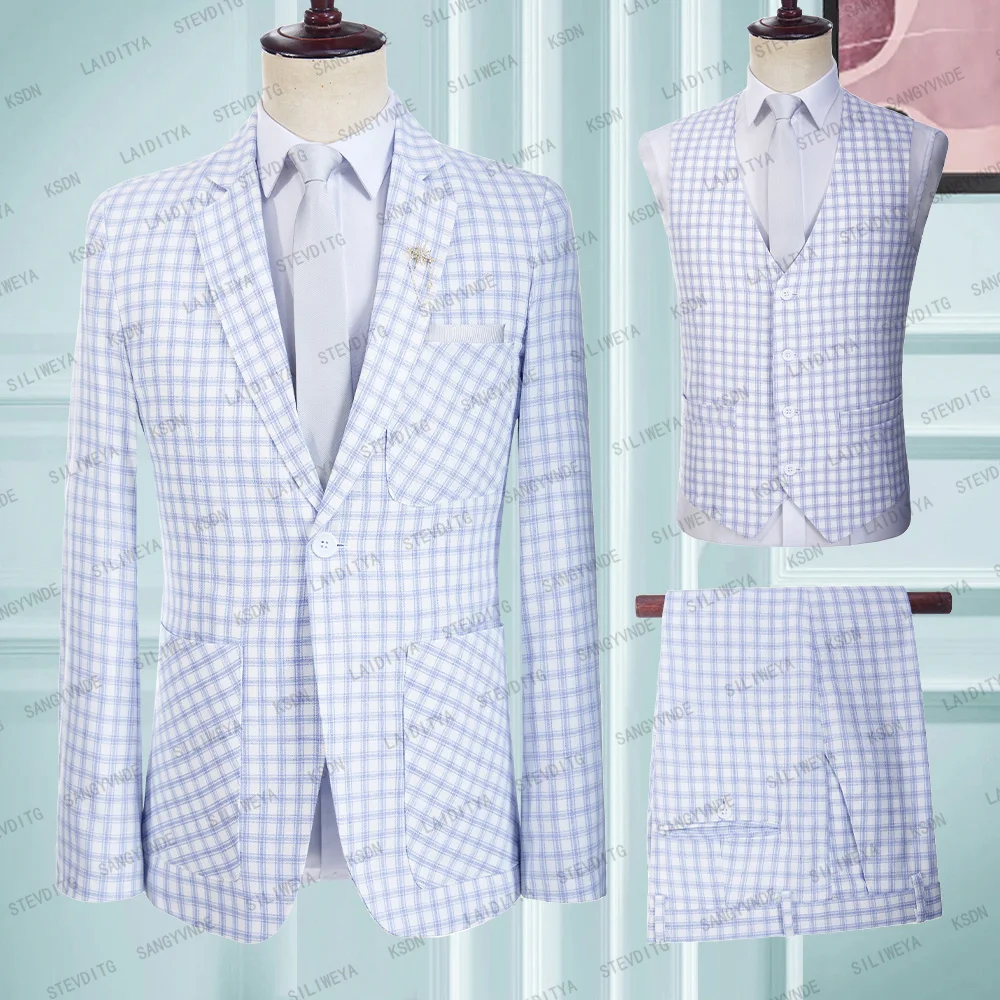 

Male Wedding New 2023 Summer Business Formal Blue Plaid Suit Luxury Slim Fit Coat Trousers Men Dress Blazers Pants Vest 3 Piece