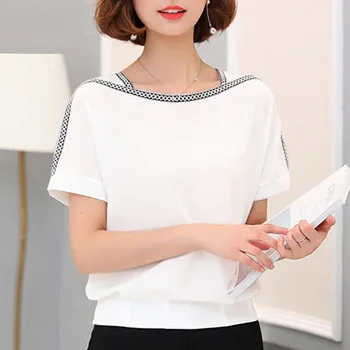 Women's Loose Short Sleeve Chiffon Blouse Casual Tops White Shirts Summer Fashion Clothes 0370