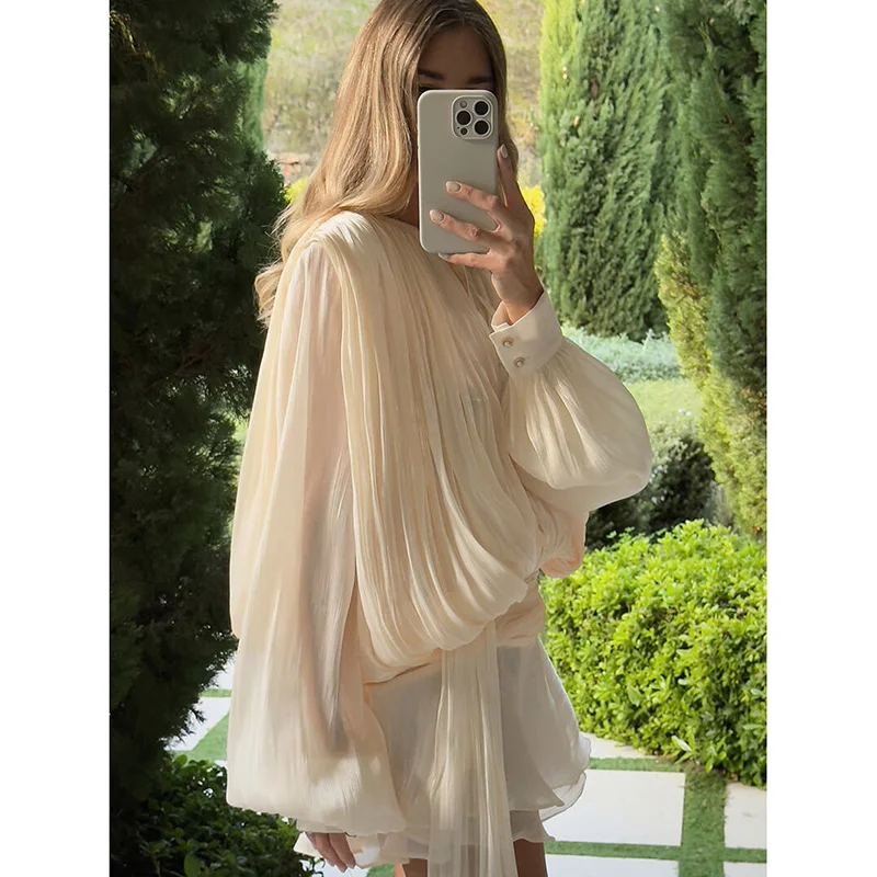Luxury Elegant Mini Dress For Women V Collar Lace Up Blouse Dresses Long Sleeve Stacked Hem Vestido 2025 New Lady Women Clothing 5