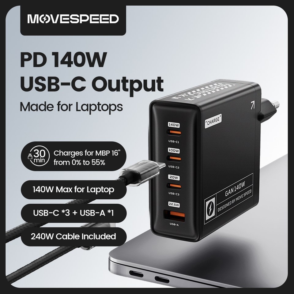 MOVESPEED PD3.1 USB-C Charger 140W High Speed Fast Charging 4 Ports GaN Charger for MacBook Pro Air Surface Lenovo Dell Laptops