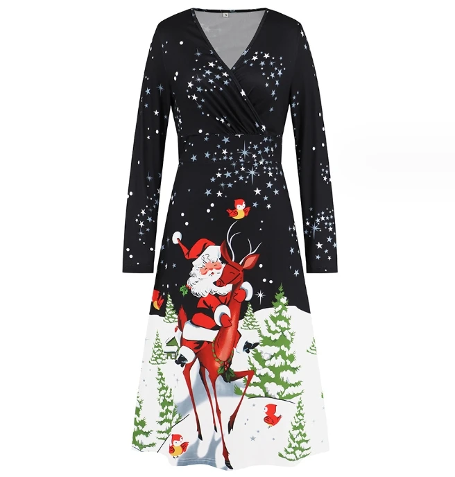 

V-Neck Long Sleeved Christmas Print Dress Sexy Christmas Dress 2023 New Hot Selling Fashion Dress Autumn and Winter