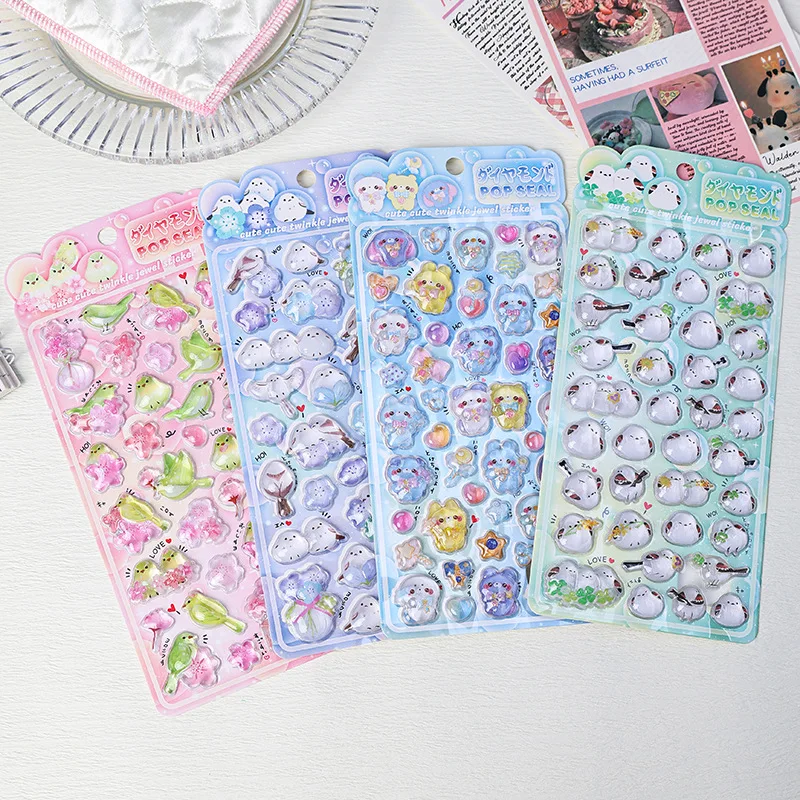 1 pc/4 pcs Cute Cartoon Birds Bear Drop 3D Relief Stickers Journaling DIY Diary Stationery Sticker Decor School Supplies