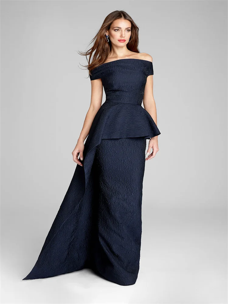 

2023 Classic Navy Off-Shoulder Sleeves Straight Neck Silhouette Hidden Zip Jacquard Side Draped Overlay Mother of the Bride Gown