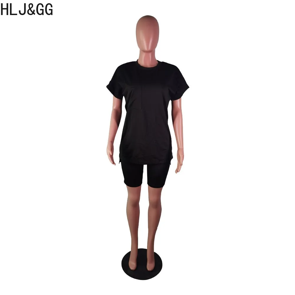 HLJ&GG Casual Solid Color Biker Shorts Two Piece Sets Women Round Neck Loose Tshirt+Shorts Tracksuits Female Sporty 2pcs Outfits