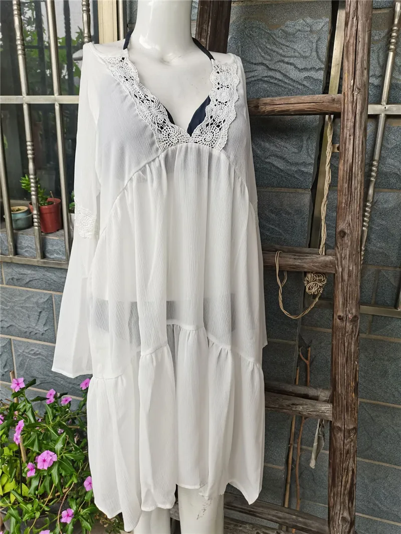 Bohemian Casual Summer Beach Dress Solid Tunic Summer Women Beach Wear Sexy V Neck flare Long Sleeve Mini Dresses