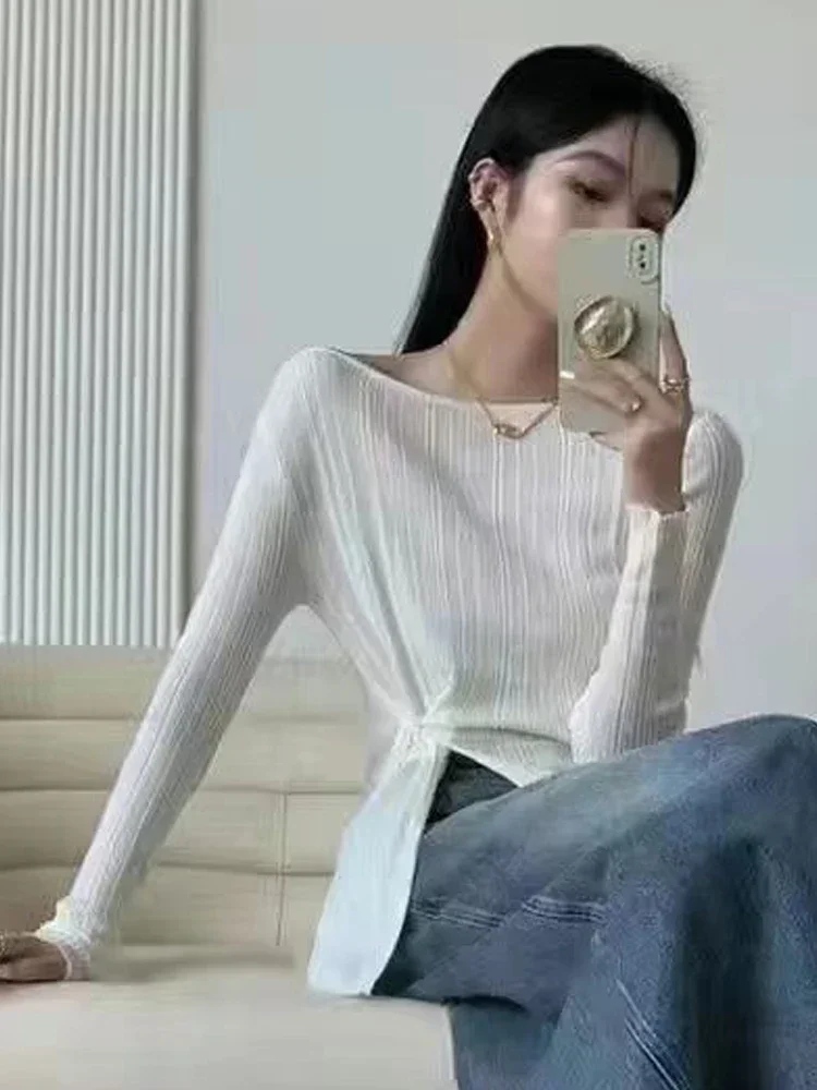 

Slim Knitted T Shirts Women Korean Fashion Slash Neck Knitwear Female Stylish Sexy Side Slit Long Sleeve Tee Ladies Solid Tops