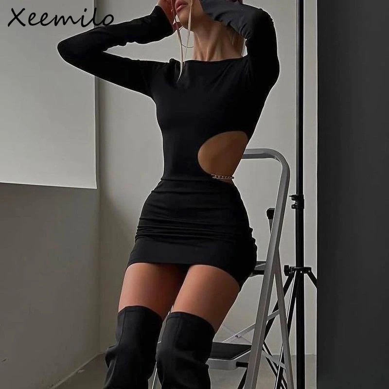 Xeemilo Sexy Waist Hollowed Mini Dress Sexy Black Long Sleeves Slim Dresses  2022 Elegant Women Metal Chain Decoration Vestidos - Dresses - AliExpress