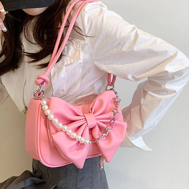 HAEX New Design Women's Bag 2022 Trend Fashion Bow Pleated Underarm Shoulder Bag Individuality Summer Chains Beading Handbag