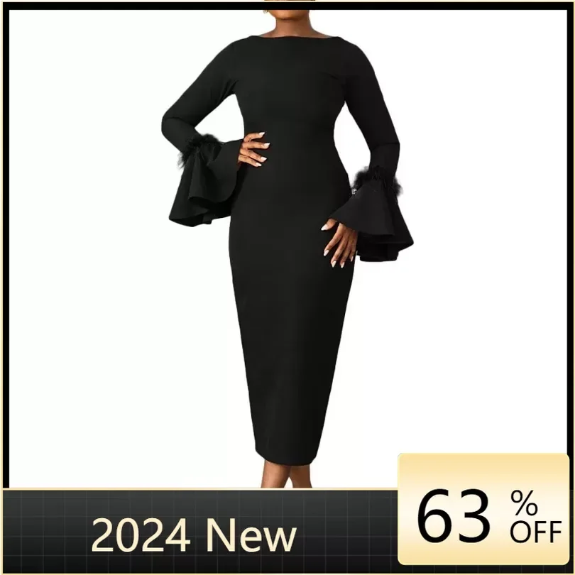 Black African Dresses for Women Elegant Spring 2024 African Long Sleeve O-neck Polyester Long Maxi Bodycon Dress Africa Clothing