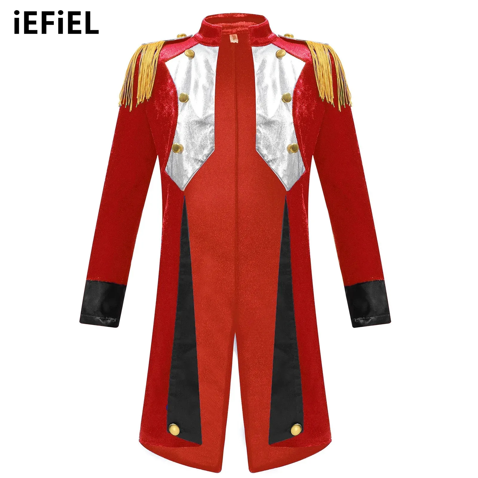 

Kids Halloween Patchwork Cosplay Tailcoat Long Sleeve Tassel Epaulet Gold Buttons Color Block Jacket Party Performance Costume