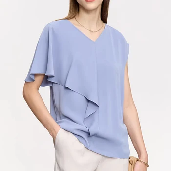AMII Minimalism French Chiffon Women's Blouse 2023 Summer New V Neck Asymmetrical Ruffles Loose Chic Shirts & Blouses 12342566