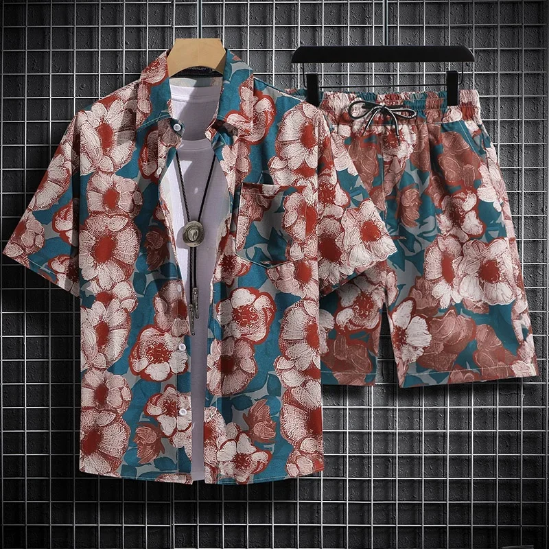 2024 New  Short Sleeve Floral Shirt Beach Suit Suit Men's Seaside Travel Clothes Hawei Style Thai Travel Couple Casual Tops