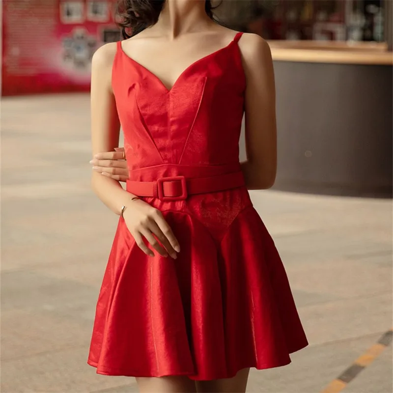 

New Summer Red Flash Waist Closed Thin Bright Silk Suspender Large Swing Short Dress Women Wear Camisole Vintage Dresses