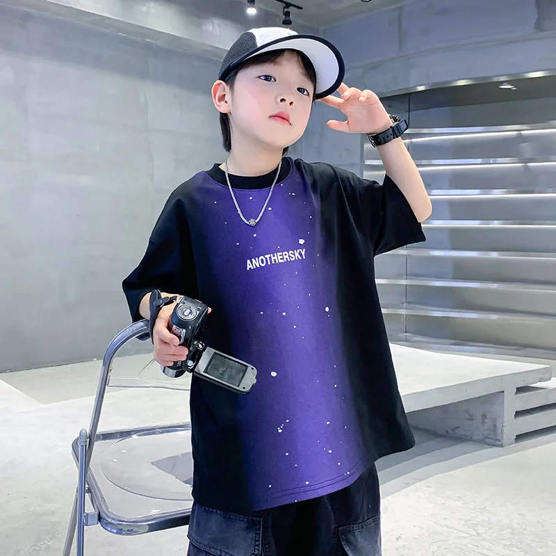 

Boys' Summer Gradient Splash-Ink Short SleeveTT-shirt2024New Children's Boys' Summer Clothes Ruoshuai Half Sleeve Cotton Top