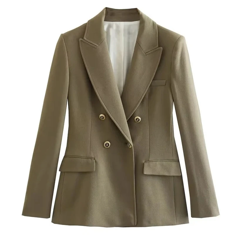 2023 Spring Autumn New Women Temperament Slim Mid-Length Suit Coat Fashion Double-breasted Solid Color Casual Versatile Outwear