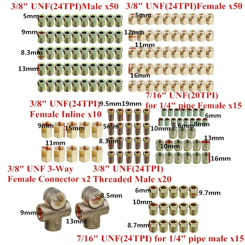 162Pcs Brake Hose Line Pipe Connectors Nuts Fittings Screw Male Female Adapter 3 Way 10mmx1mm 3/8" 7/16" 24 TPI UNF Metric Nuts brake adapter car brake pipe repair kit parts adapter brake cable connector