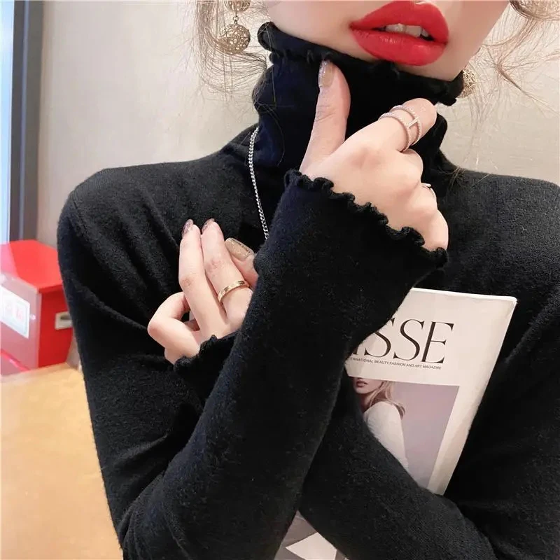Rimocy Fold Turtleneck Jumper Women Autumn Winter High Elastic Solid Color Sweater Woman Simple All Match Bottoming Top Female 5