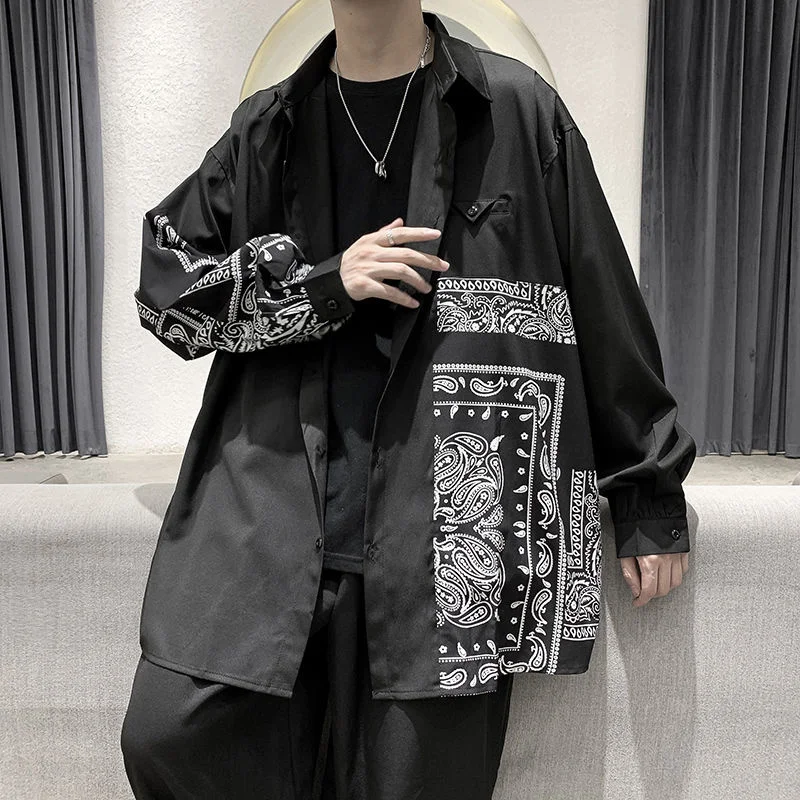 

Long Sleeve Shirt Men's Casual Versatile Fashion Thin Loose Jacket Contrast Color Printed Top Lapel Four Seasons Men's Clothes