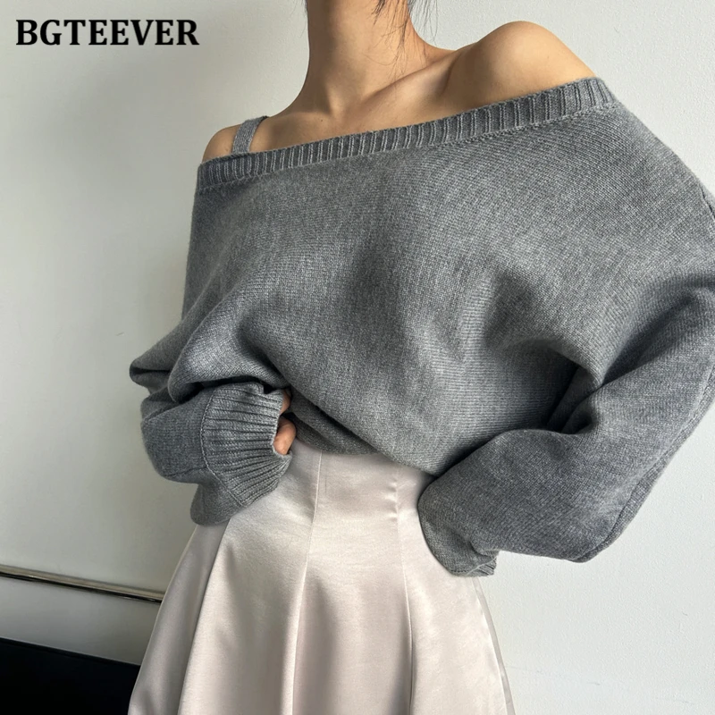 

Модные женские вязаные пуловеры BGTEEVER с воротником-лодочкой, осенне-зимние свободные женские свитера с длинным рукавом, джемперы