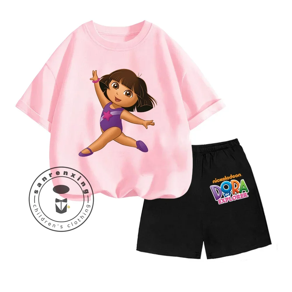 2024 Dora The Explorer Animated Cartoon Print Design O-neck Short Sleeve and Shorts Two-piece Suit for Children 3-14 Years Old 3