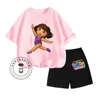2024 Dora The Explorer Animated Cartoon Print Design O-neck Short Sleeve and Shorts Two-piece Suit for Children 3-14 Years Old 3