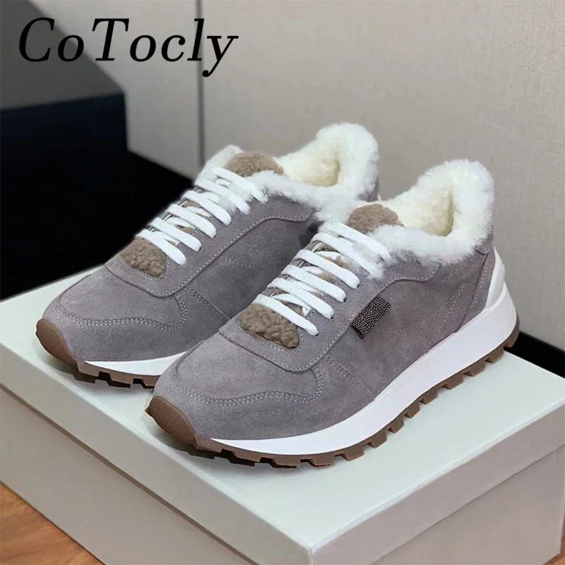 

Cow Suede Sneakers Women Lace Up Round Toe Casual Running Shoes Lady String Bead Wool Warm Winter Flat Sports Shoes Woman