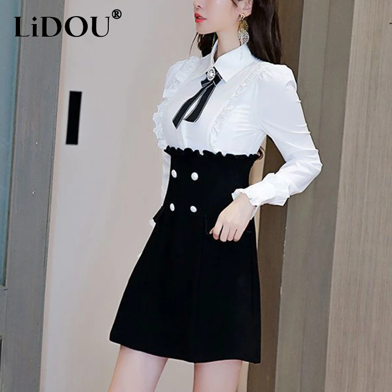 

Spring Summer Fake Two Pieces Ruffles Patchwork A-line Vestido Women Short Sleeve Slim Elegant Sweet Bow Robe Femme Casual Dress
