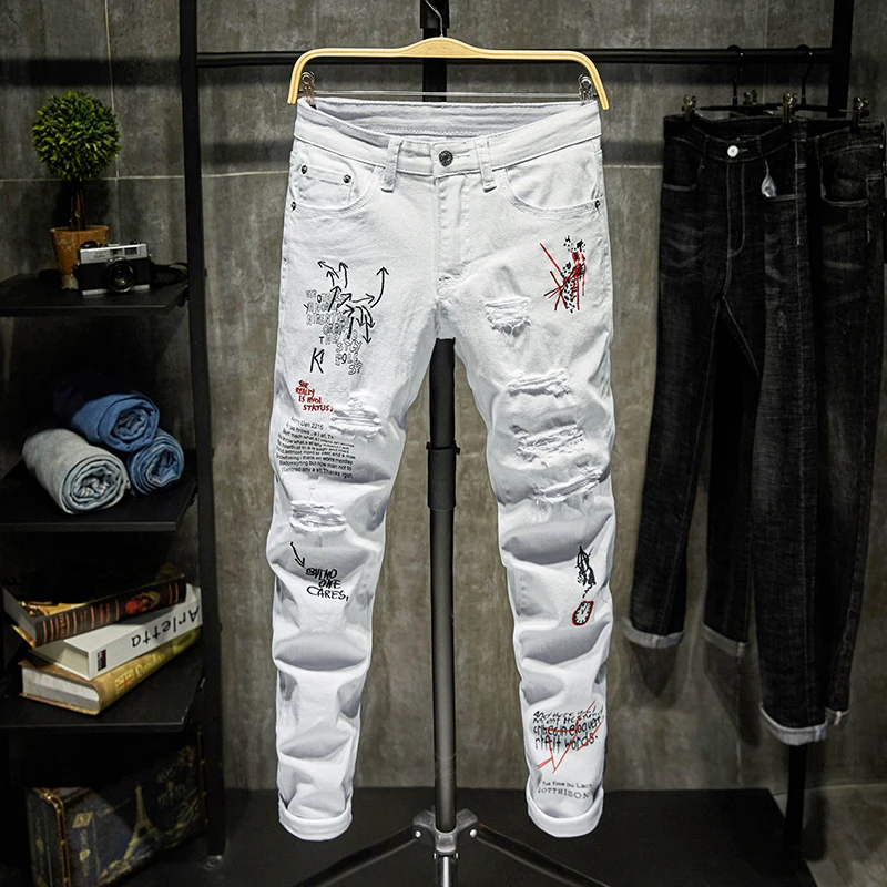 Personalized printed jeans men's ripped fashion slim fit skinny stretch street embroidery high-end handsome motorcycle pants