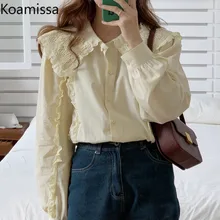 

Koamissa Lace Peter Pan Collar Shirt Long Sleeves Single Breasted Blouse Woman Solid Fashion Japan Style Blusas Chic Korean Tops