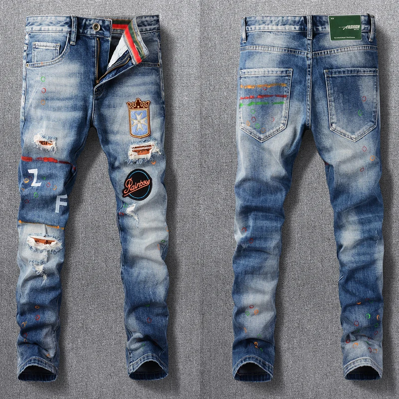 

Streetwear Fashion Men Jeans Retro Blue Elastic Slim Fit Destroyed Ripped Jeans Men Patches Designer Hip Hop Denim Pants Hombre