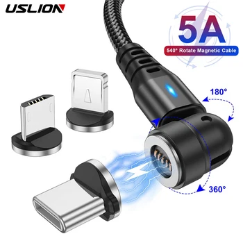USLION 고속 충전 마이크로 USB C 타입 케이블, 아이폰 샤오미 자석 충전기 와이어 USB 케이블, 3 in 1 540 회전, 5A