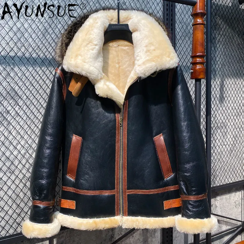 

AYUNSUE Winter Real Leather Fur Coat Men Natural Sheepskin Fur In One Fur Coat Thick Warm Male Fur Jacket Chaquetas Hombre Lq