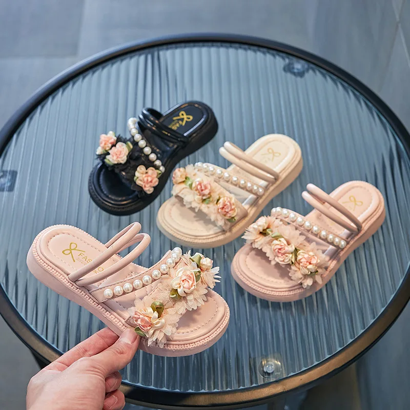 

Girls Sandals Summer New Fashion Cute Sweet Flower Pearl Children's Slippers Student Soft Flats Slippers Hot H823