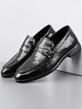 Black Business Casual Loafers Men's Slip-On Shoes Breathable round Toe Low Heel Comfortable Leather Footbed Spring Autumn Wear