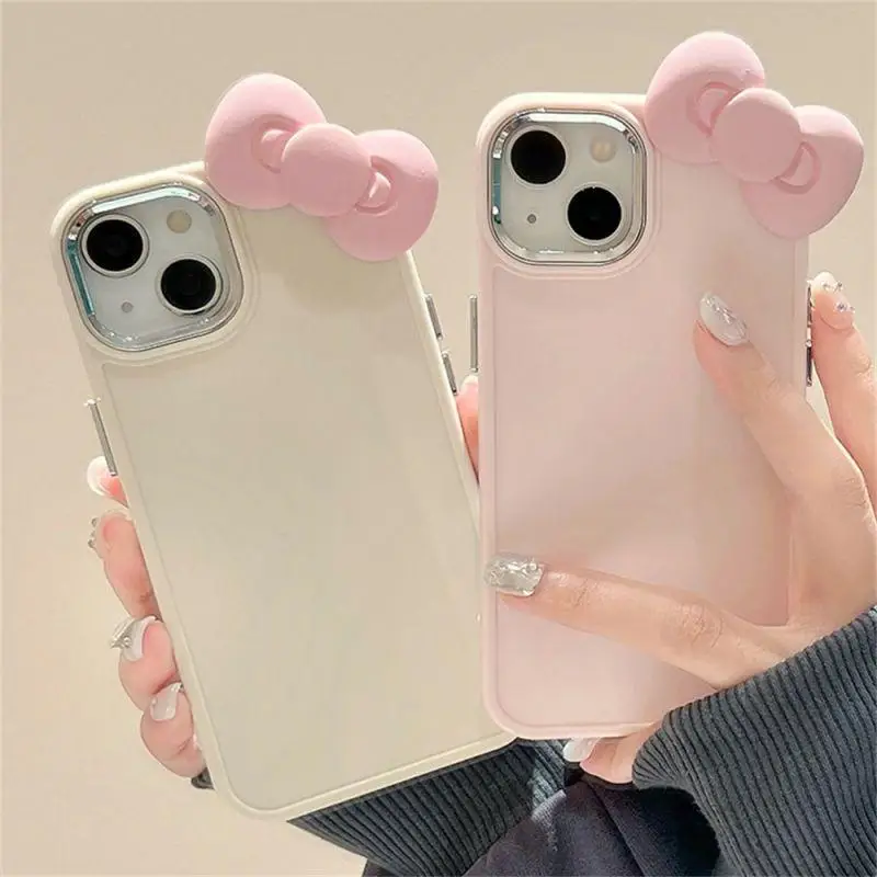 Korean Cute 3D Pink Bowknot Soft Silicone Phone Case For iPhone 15 14 13 12  11 Pro Max X XR Soild Color Shockproof Cover Funda 