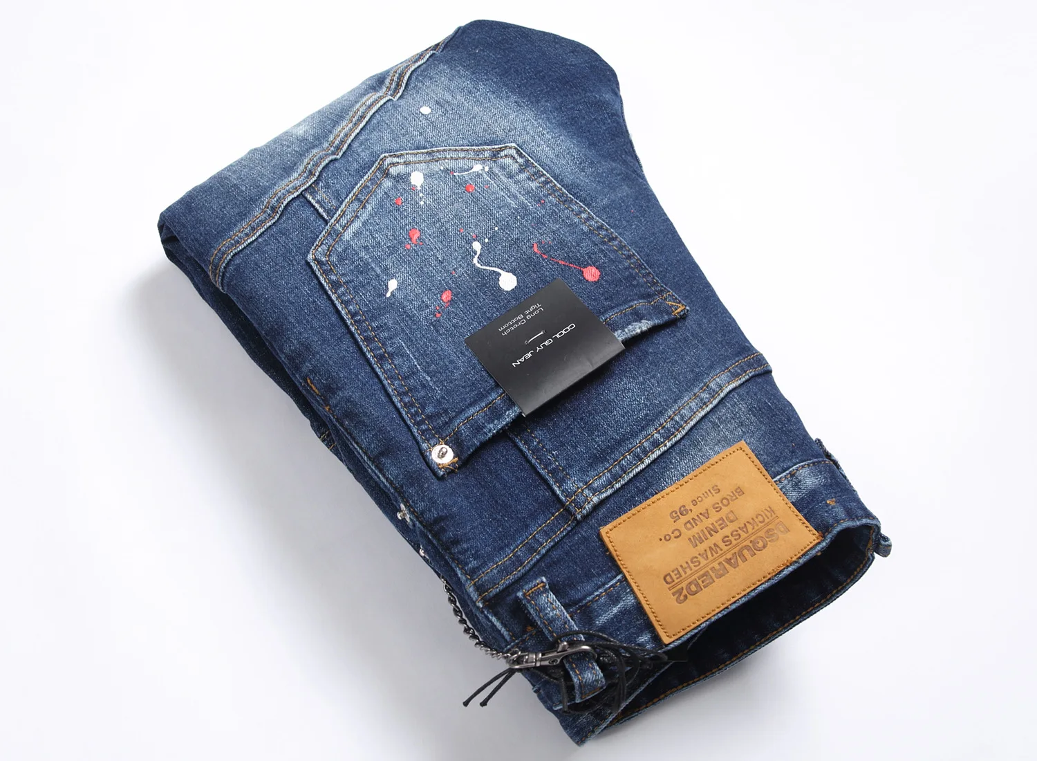 Men's slim-fit fashion Small feet embroidered jeans ripped applique stretch paint Splash Beggar pants trend