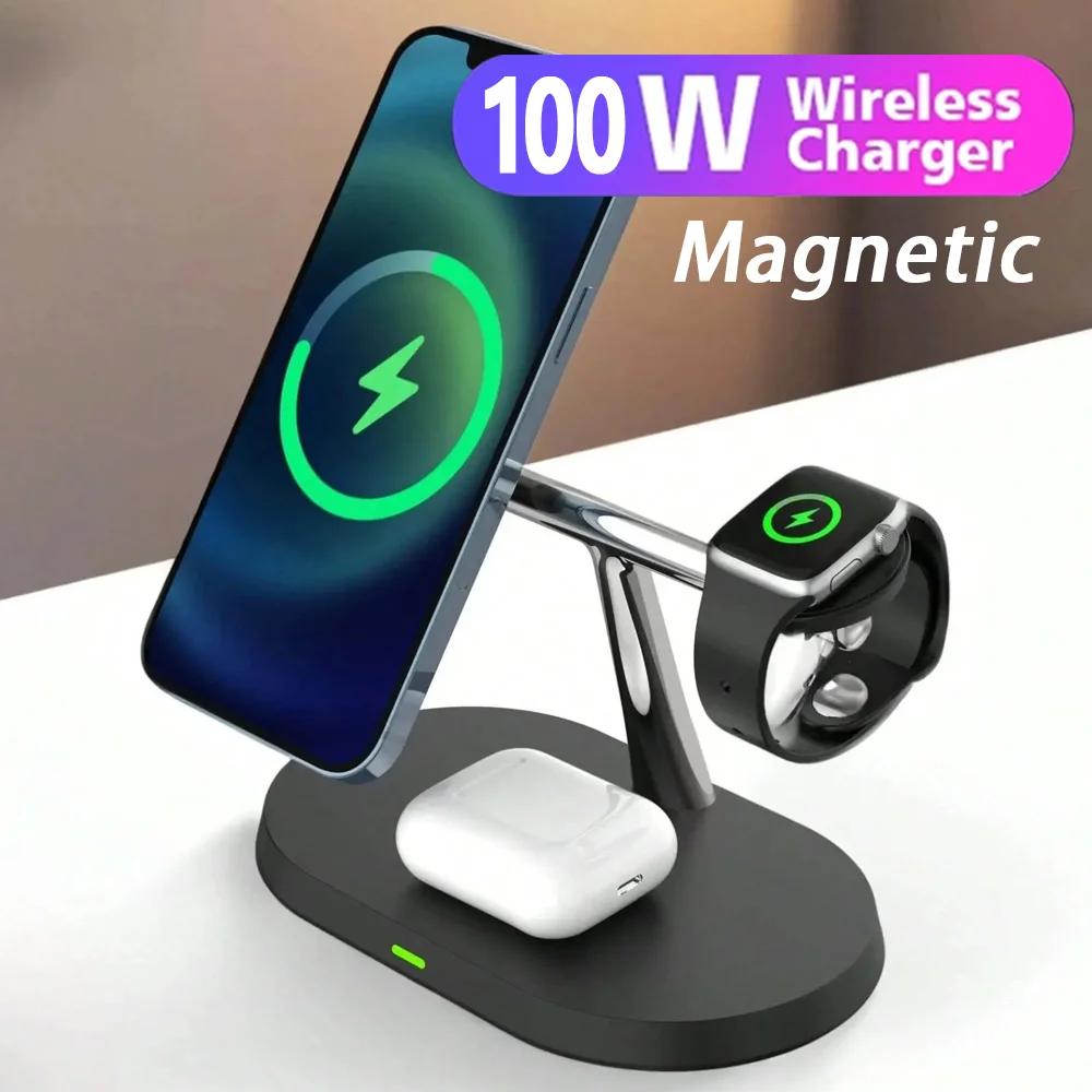 100W 3 in 1 Wireless Charger For iPhone 12 13 14 15 for Magsafe Charger Airpods Pro Apple Watch 9 8 7 6 QI Fast Charging Station - Image 2