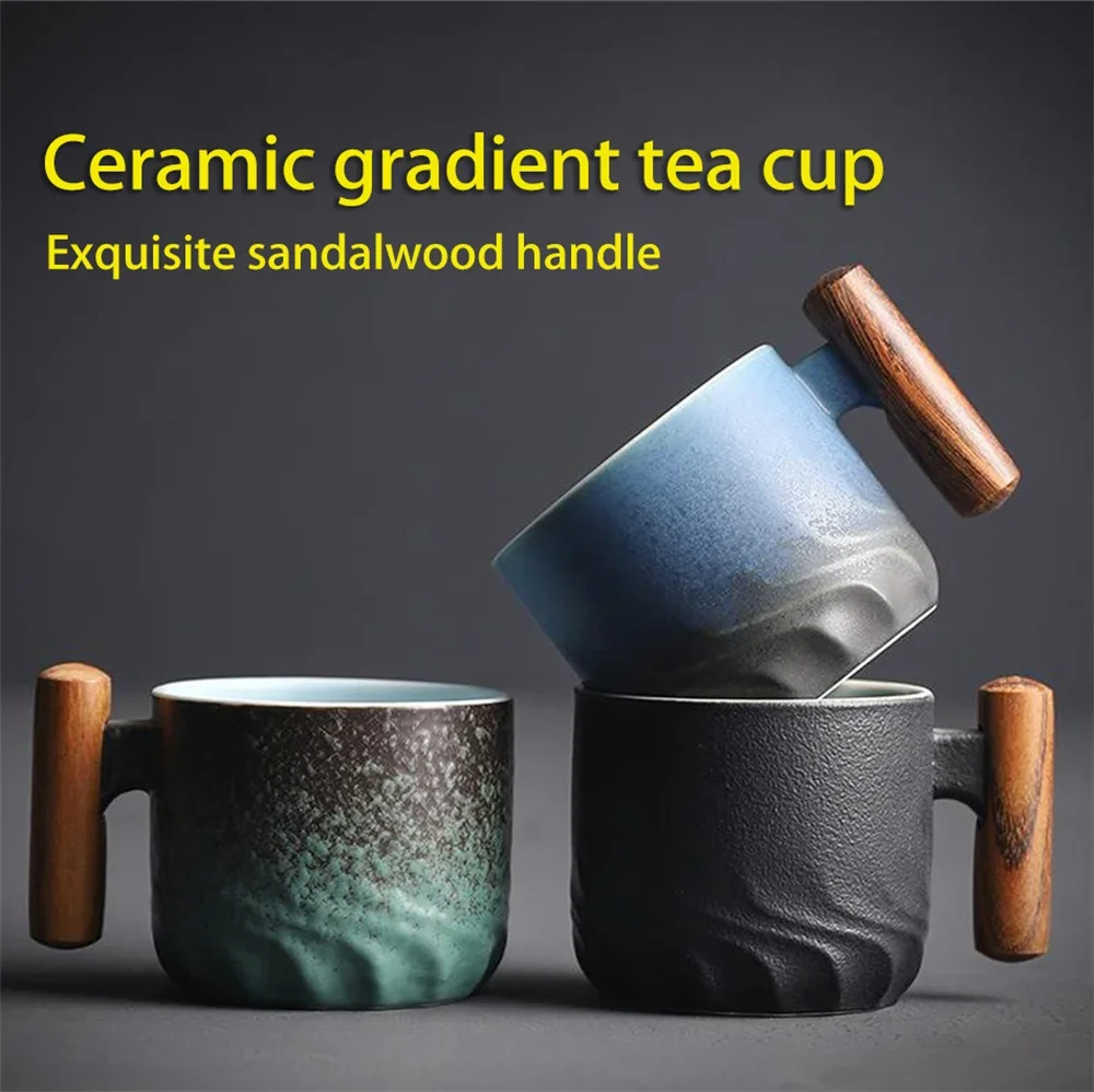 Tea Cup Coffee Mug Coffee Cup Ceramic Retro Coffee Cup Gradient Glazed Ceramic Office Water Cup Filter Tea Mug Wooden Handle Coffee Mug Handmade Tea